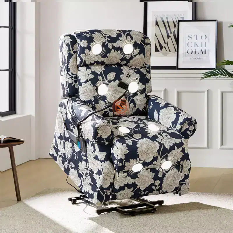 Power Recliner with Lift Assist, Massage & Heat &ndash; Damask / Navy