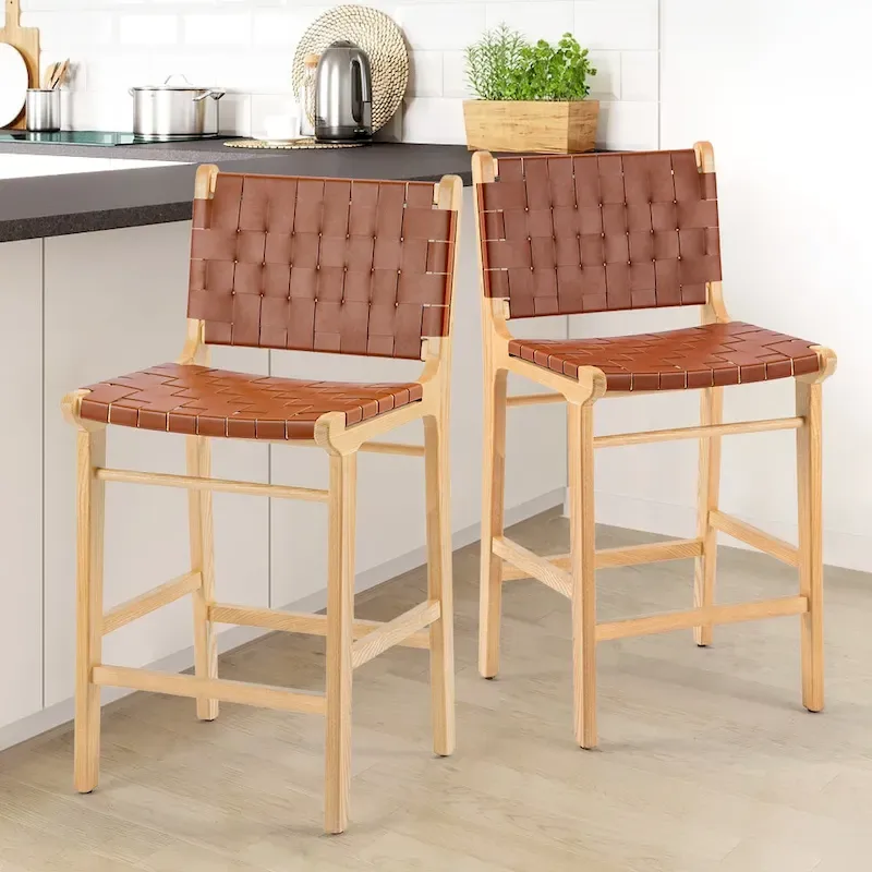 Woven Leather Counter Height Bar Stool, Ash Wood Frame, No Assembly