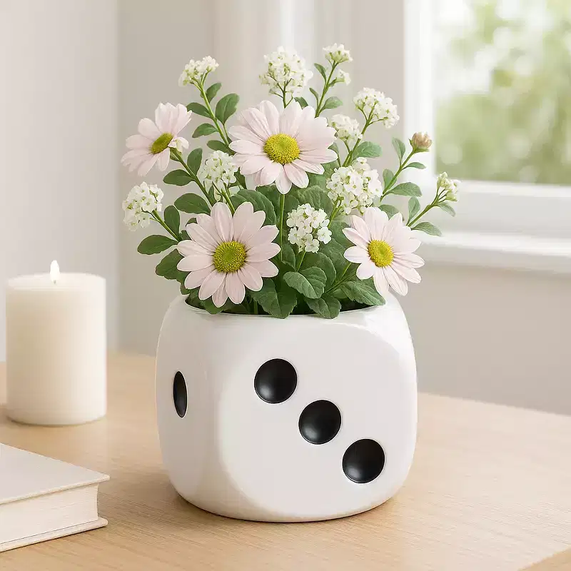 Decorative Ceramic Dice Flower Pot for Home Decor - Modern Planter Pot for Indoor and Outdoor Styling - Versatile Garden Plant Pot - 6, White & Black