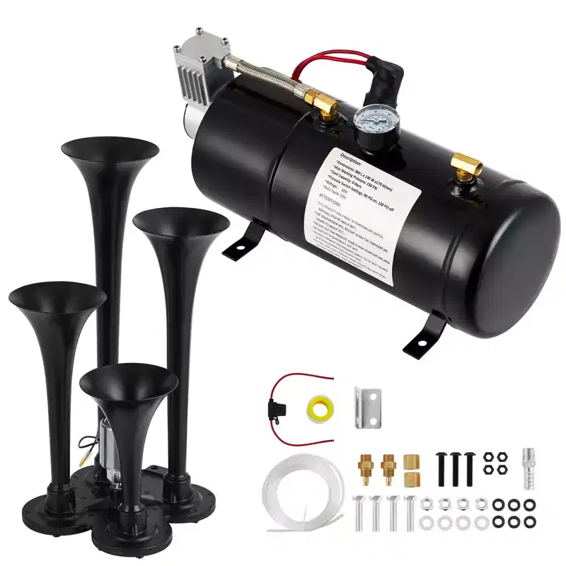 Super Loud Train Horns Kit.150dB Four Trumpet Truck Horns with 150 PSI Air Tank.12V Air horn with 1 Gal Air Compressor Can for Truck Pickup SUV