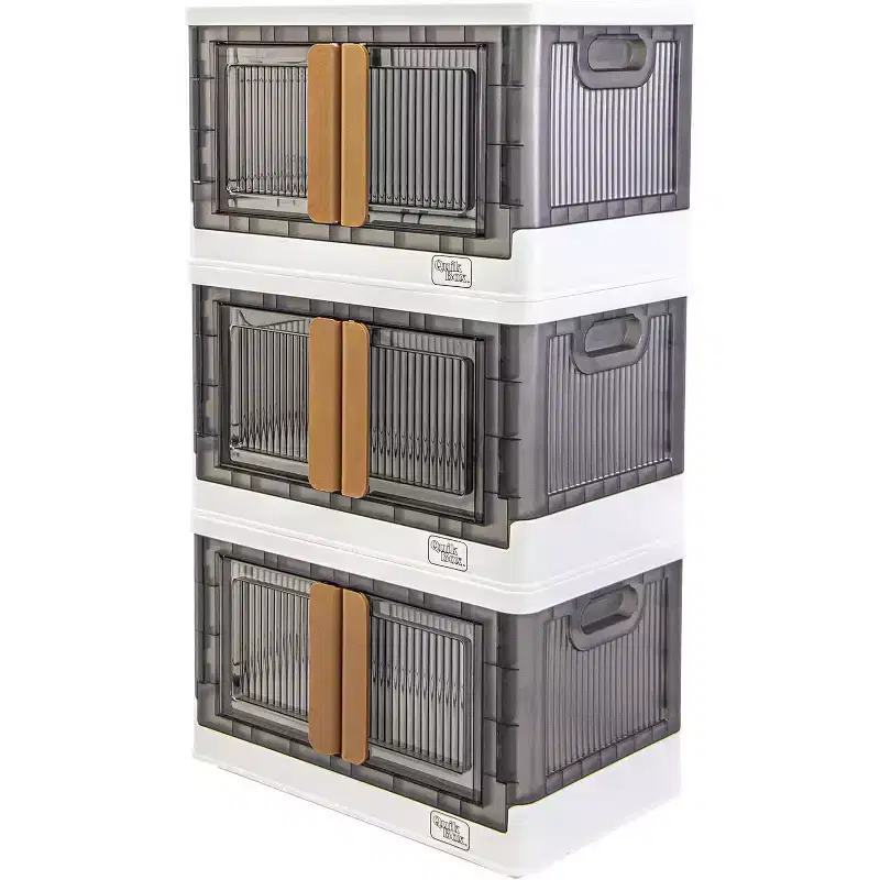 dbest products Quik Box 8.4 Gallon Stackable Storage Bins with Doors Collapsible Organizer Foldable Container Perfect For Any Home - 3 Pack
