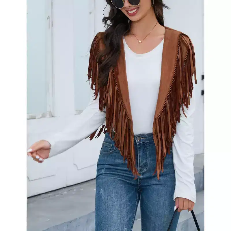 Coolmee Women's Casual Tassel Shawl Waistcoats Solid Sleeveless Fringe Shawl Open Front Cropped Boho Western Shawl Cardigan S Brown