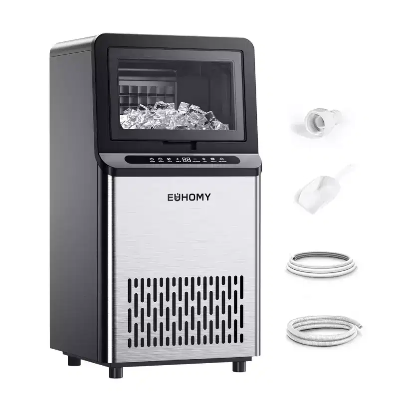 EUHOMY 100 Lbs/24H Ice Maker, Household & Commercial Dual-Use, Under Counter, Stainless Steel, 33 Lbs. Storage, for Home/Kitchen/Outdoor/Bar, Silver