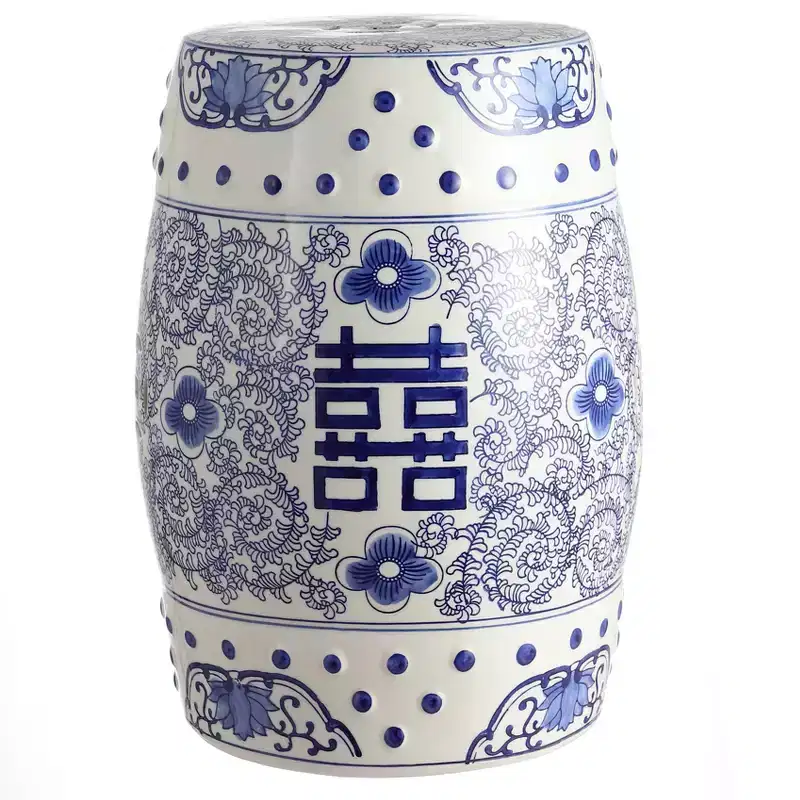 Double Happiness 18" Chinoiserie Ceramic Drum Garden Stool, Blue