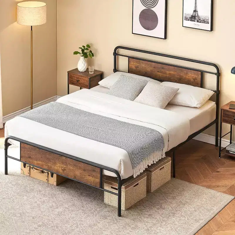 Queen Size Platform Bed Frame, Rustic Vintage Wood Headboard, Strong Metal Slats, Mattress Foundation, No Box Spring Needed