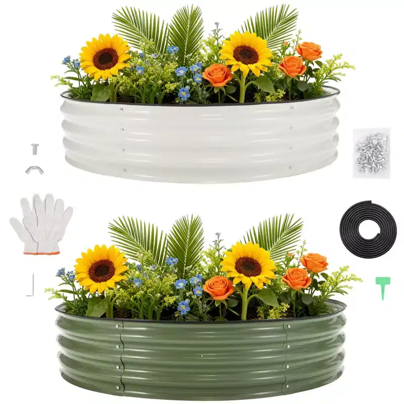4X4x1Ft Galvanized Raised Garden Bed Kit, 2pcs Metal Raised Garden Bed, Round Planter Box with Open-Ended Base for Vegetables, Flowers, Green+white
