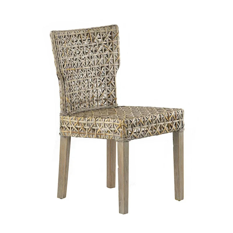 22" Side Dining Chair, Woven Rattan Backrest and Seat, Weathered Gray