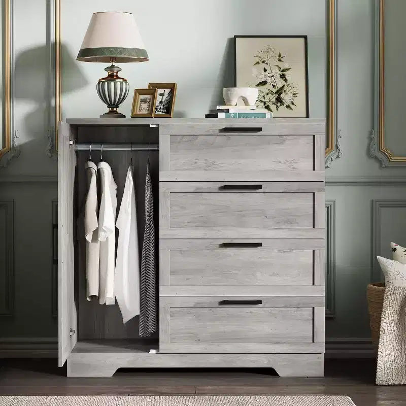 43.3'' H Armoire Wardrobe Closet with Hanging Rod, Multifunctional Wood 4 Drawers Dresser with Storage Closet, Clothing Storage Cabinets for Bedroom