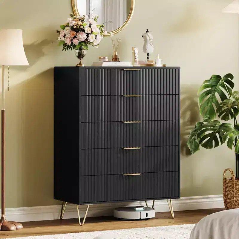 Dresser, 32 Wide Modern 5-Drawer Fluted Chest of Drawers, Natural Wood Clothes Storage Organizer with Metal Handles
