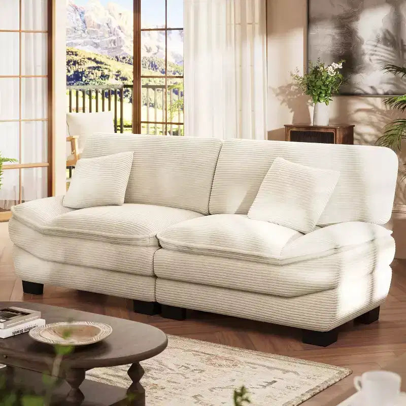 Beige 87 Corduroy Couch with 2 Pillows, Sailboat-Shape Deep Seat Sofa for Living Room, Small Space, Office, Apartment-Morden Fort