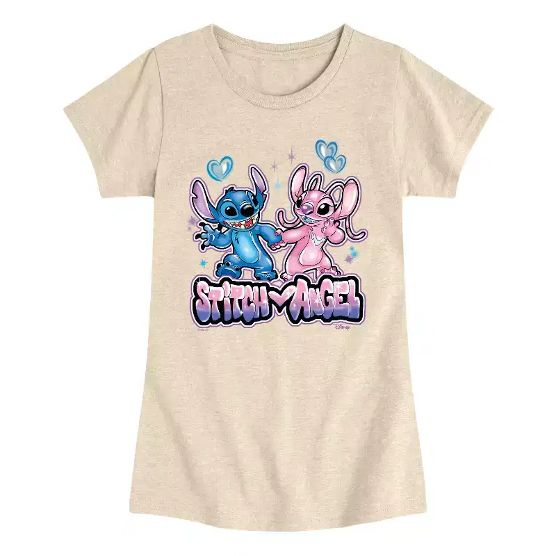 Girls' - Lilo & Stitch - Stitch And Angel Airbrush Fitted Short Sleeve Graphic T-Shirt