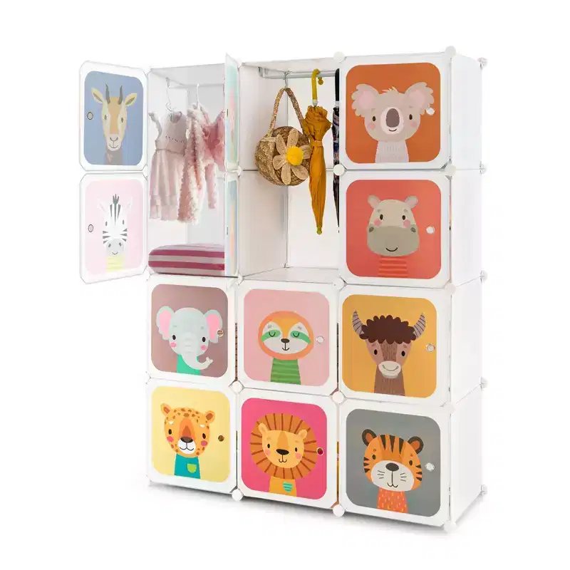 Costway 12-Cube Kids Wardrobe Baby Dresser Bedroom Armoire Clothes Hanging Closet with Door