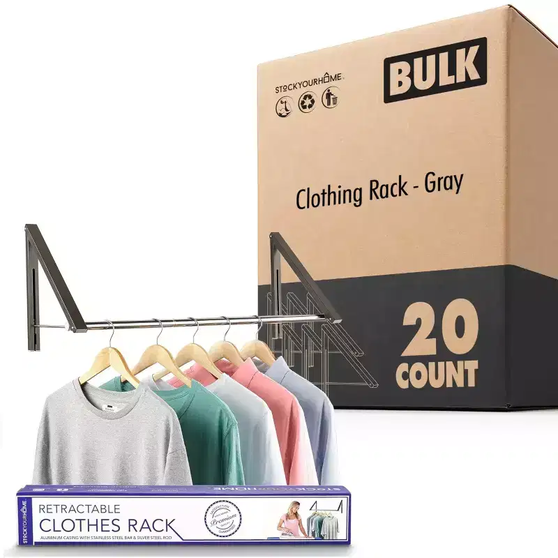 Wall-Mounted Retractable Double Foldable Clothing Rack with Extension Rod, Gray (20 Count)