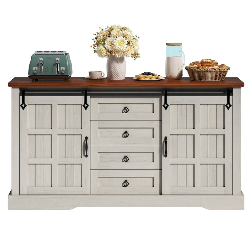 Farmhouse Sideboard Buffet Cabinet with Sliding Barn Doors & 4 Drawers
