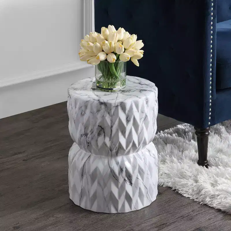 Chevron Drum Ceramic Garden Stool & Accent Table - 17.5"H, White Faux Marble Glaze, 175 lb Capacity, Indoor/Outdoor