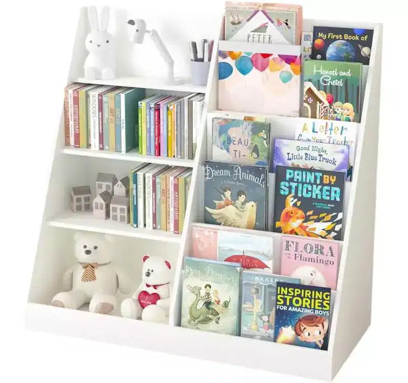 Kids Bookshelf and Toy Storage Organizer, Children Bookcase for Kids Rooms, Multifunctional 4 Tier Wooden Kids Book Shelf