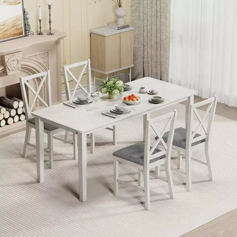 VECELO Farmhouse Style Dining Table Set, Rubber Wood Table and Upholstered Dining Chairs, Gray