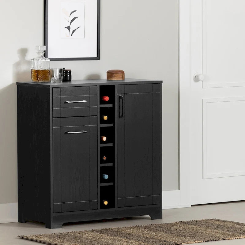 Bar Cabinet &ndash; Black Oak / Gray Maple / Weathered Oak / Natural Walnut, Bottle & Glass Storage, Vinyl Top Tray