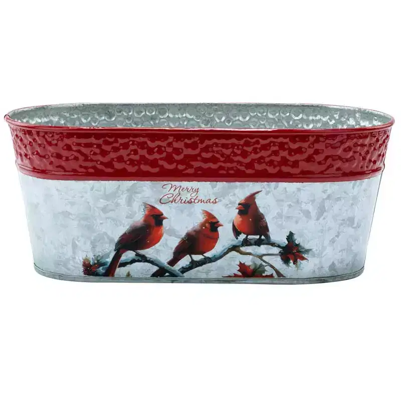 Napco Rustic Metal Merry Christmas Cardinals Double Planter with Indented Red Rim Festive Christmas & Holiday Decor