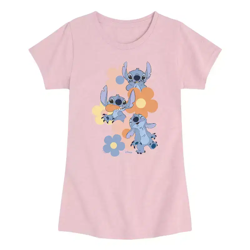 Girls' - Disney - Stitch Pop Flowers Fitted Short Sleeve Graphic T-Shirt