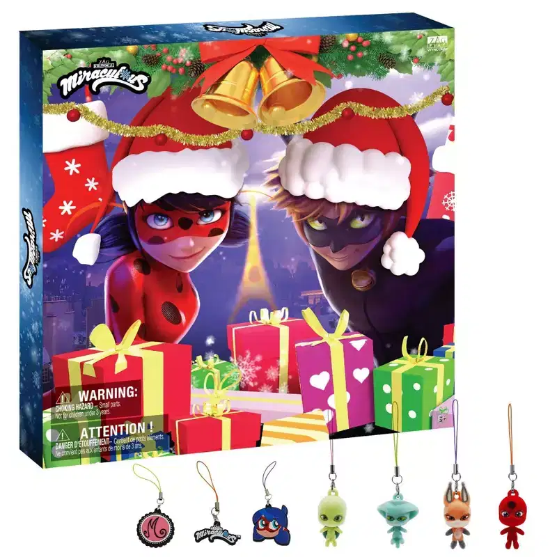 Miraculous Ladybug Advent Kwami Calendar with Miniature Flocked Kwamis, Seasonal Charms Collectible Toys for Kids for Christmas with Hooks and Ribbons