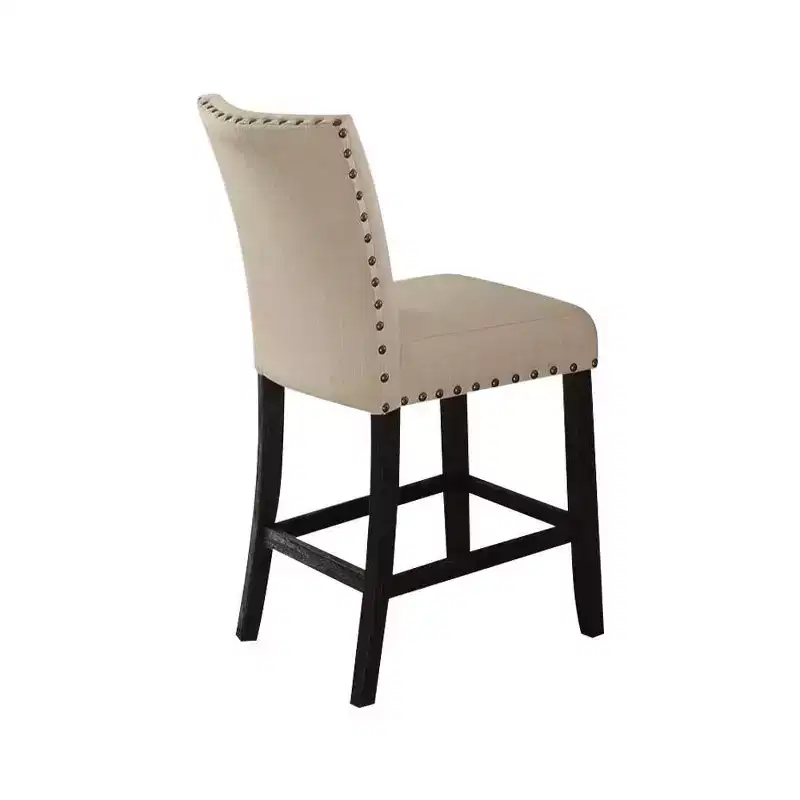 25" Counter and Bar Stools Beige Linen/Salvage Dark Oak Finish - Padded Seat, Nailhead Trim, Metal Frame