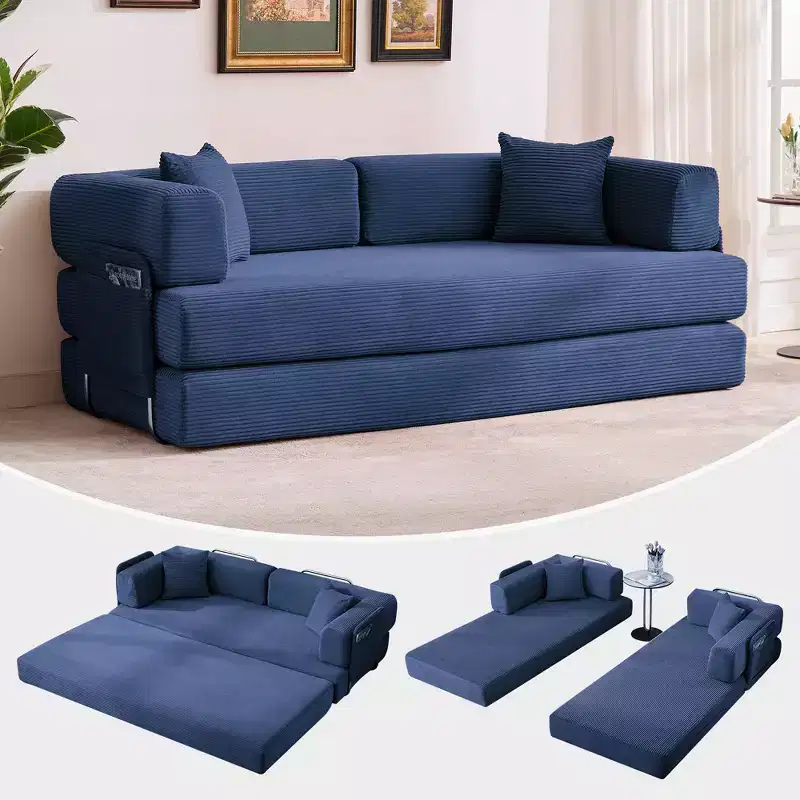 5-in-1 Convertible Sofa Bed &ndash; 78.8" Corduroy Floor Sleeper with Adjustable Arms, Backrest & Pillows