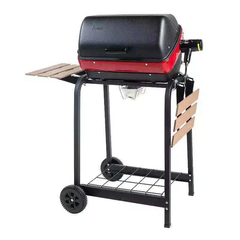 Americana 9325U8.181 Portable Compact Easy Clean 200 Square Inch 3 Heating Zone Electric Cart Grill with Two Folding Tables and Wire Shelf, Red
