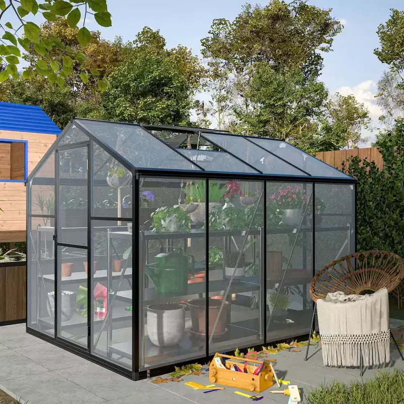 6 x 8 FT Greenhouse for Outdoors Polycarbonate Greenhouse with Quick Setup Structure and Roof Vent Aluminum Large Walk-in Greenhouse Black