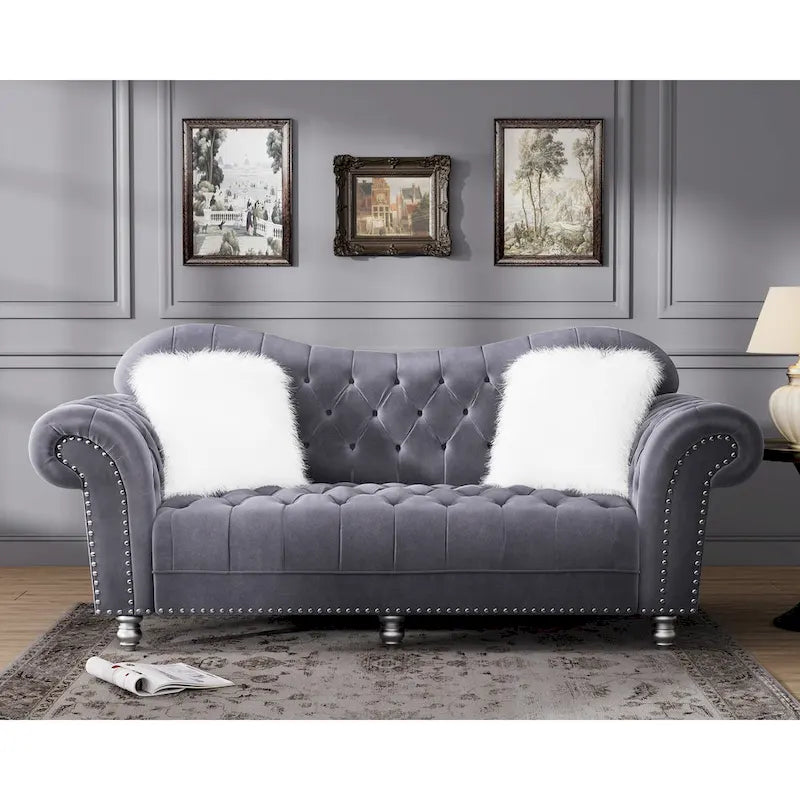 Chesterfield Camelback Sofa &ndash; Beige / Grey / Blue, Tufted Velvet, Rolled Arms, Seats 3