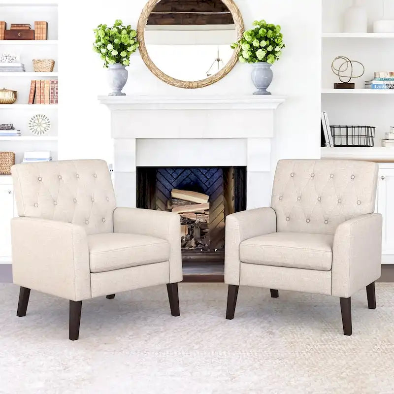 LUE BONA Mid-Century Modern Upholstered Linen Fabric Button Tufted Accent Chair Set of 2 - 28.5 W X 27.25 D X 33.75 H