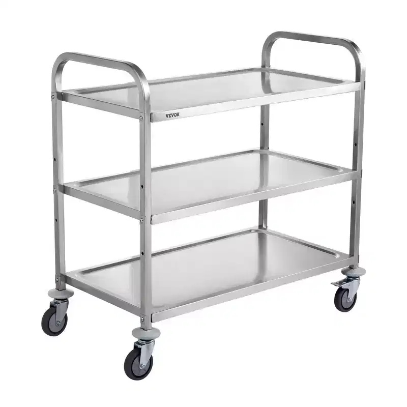 VIYET 3-Tier Wire Rolling Kitchen Utility Cart,450LBS Capacity, 80mm Basket with PP Liner, 6 Hooks & Curved Handle for Indoor Outdoor