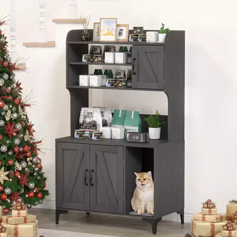 51'' Cat Litter Box Enclosure with Storage Shelves, Hidden Litter Box Furniture, Large Wooden Cat Litter Box Cabinet with Litter Mat, Cat Furniture