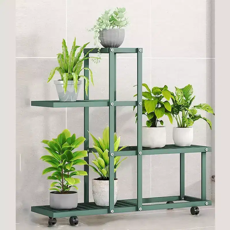 Acekool Ladder Plant Stand with Wheels, Metal Indoor Outdoor Flower Display Rack, Multi-Tier Ladder Shelf for Living Room, Patio, Garden, Home Decor