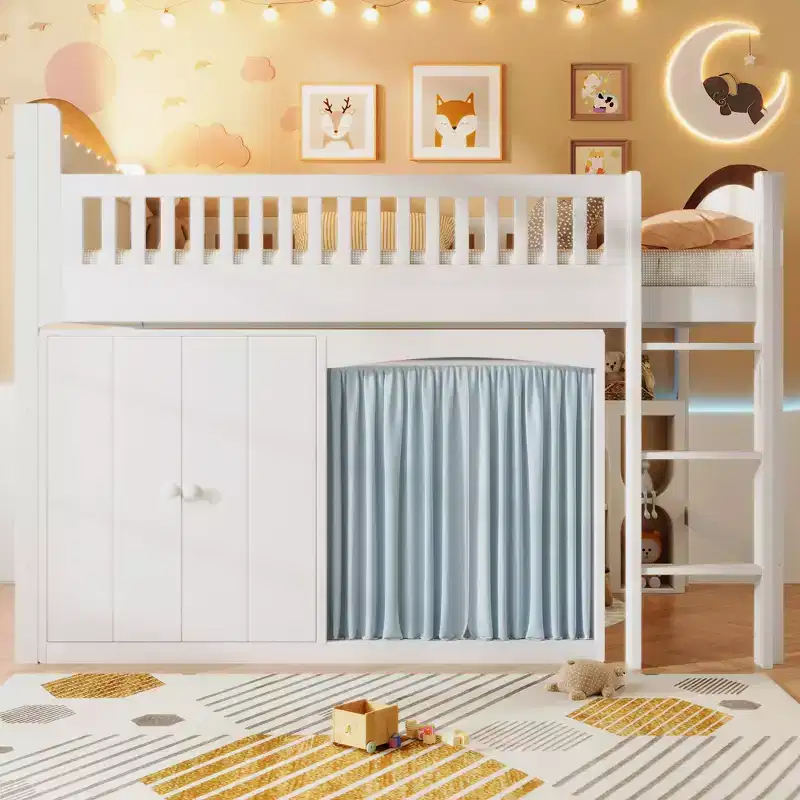 GDFStudio Bishop Loft Bed with Storage Cabinet, Wardrobe and LED