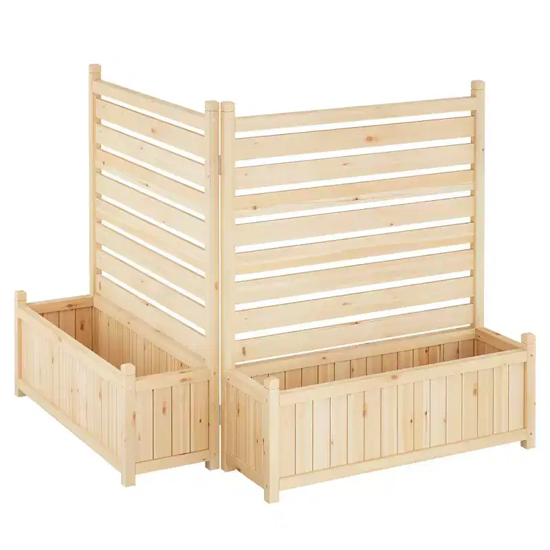 Double-sided outdoor privacy screen with flower pots, wooden fence cover, ideal for patios and gardens, perfectly conceals air conditioner units.