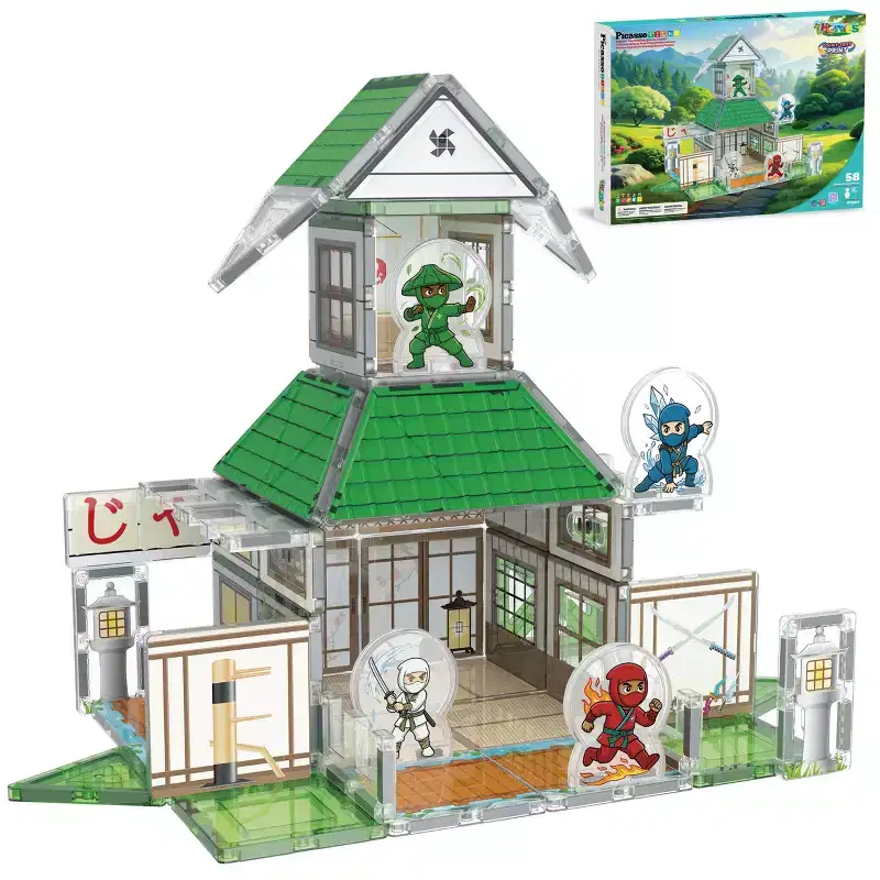 PicassoTiles Magnetic Tiles Ninja Dojo Building Blocks Set, 3D STEM Learning Toys for Kids, Two-Sided Interior & Exterior Designs, 4 Ninja Characters