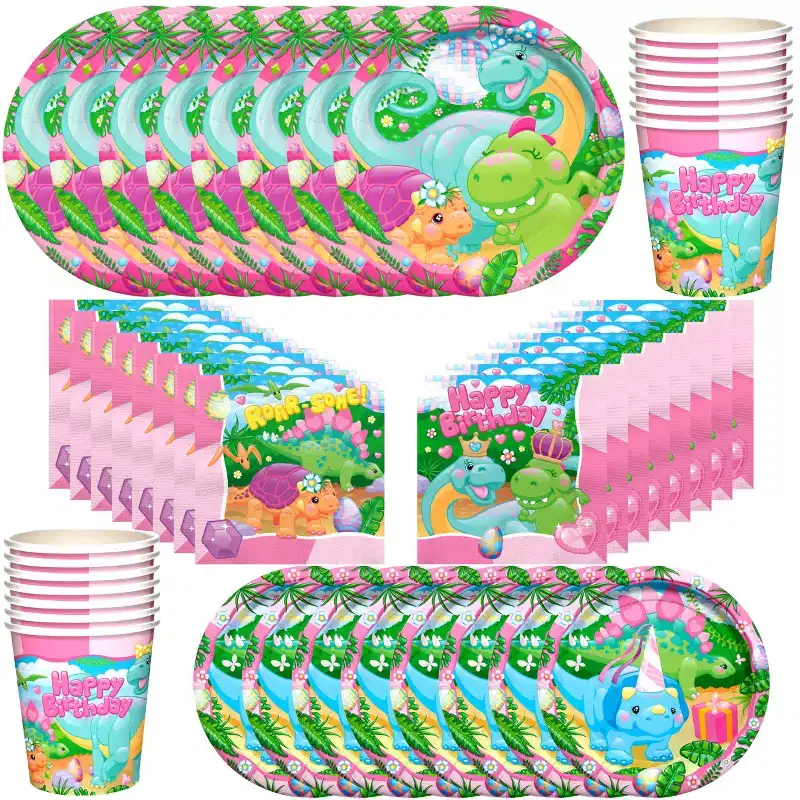 Treasures Gifted Girl Dinosaur Birthday Party Supplies Tableware Classic Set for 16 Guests