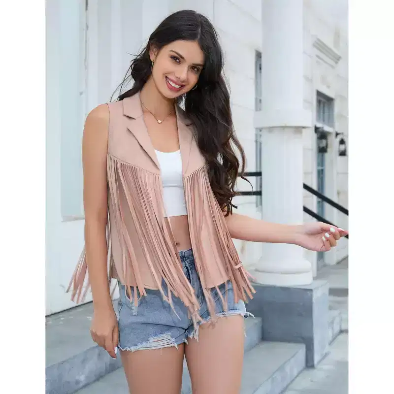 Coolmee Women's Semi-Formal Blazer Vests Open Front Solid Fringe Cardigan Vests Sleeveless Cropped Tassel Office Workplace Vests M Apricot