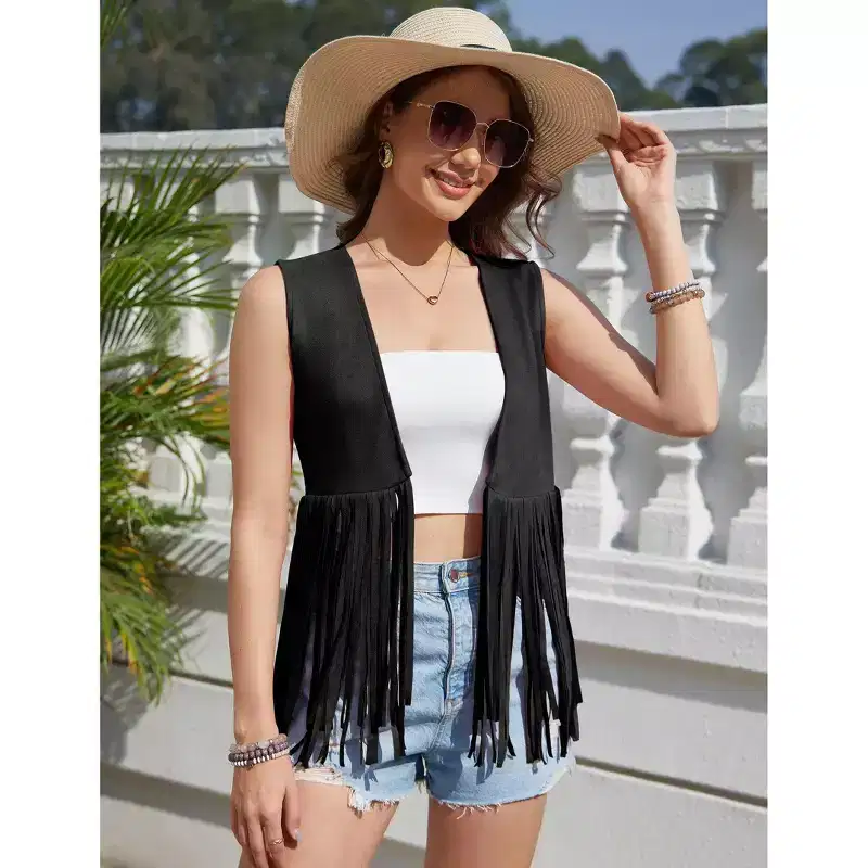 Coolmee Women's Casual Simple Vests Fashion Fringe Cardigans Tassel Sleeveless Open Front Jackets Western Faux Suede Leather Jackets S Black