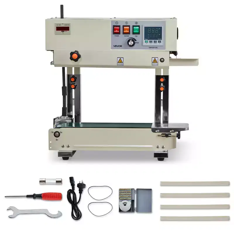 VEVOR Continuous Bag Band Sealing Machine, 0.24-0.47 in Seal Width, Vertical Band Sealer Machine with Roller Printing , Temp&Speed Adjustable, White