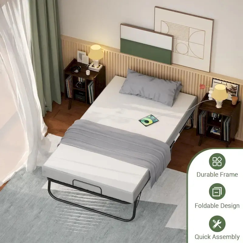 Grey Black Steel Rollaway Folding Guest Bed with 5 Memory Foam Mattress and Wheels for 1 Person