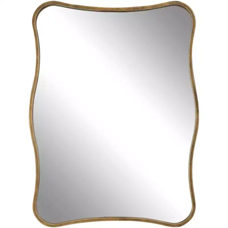 Antiqued Gold Curvy Vanity Wall Mirror, 28x36 &ndash; Iron Frame, Non-Beveled Glass
