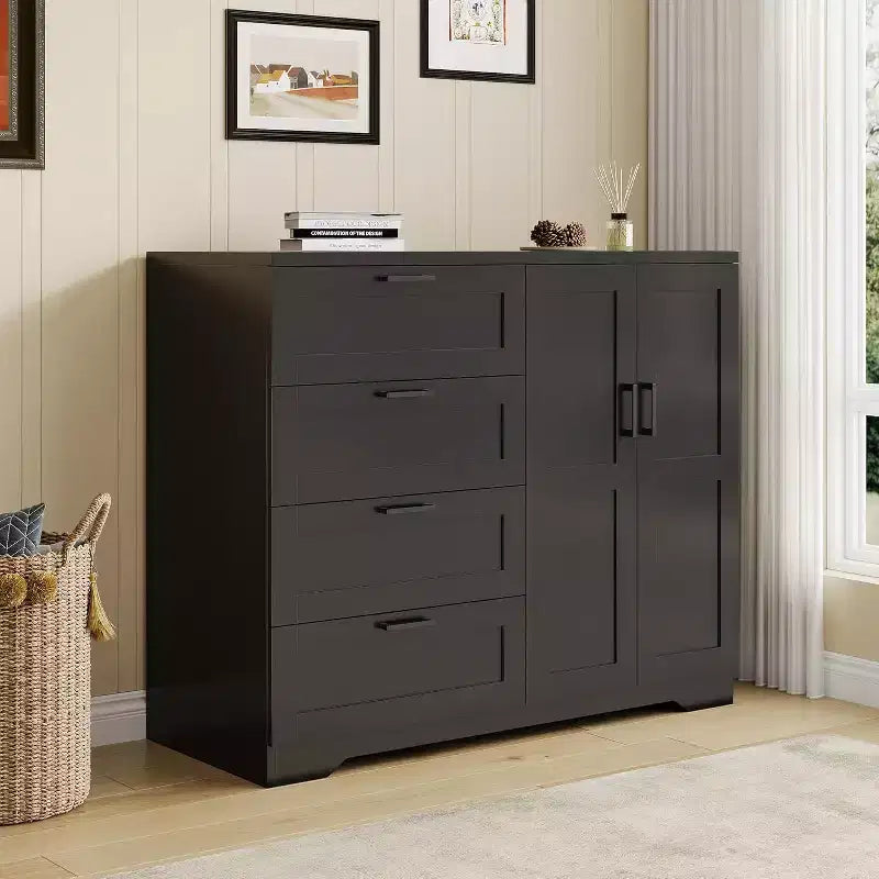 43.3 Inch Black Storage Dresser with 4 Drawers and Hanging Rod, Multifunctional Organizer for Bedroom, Easy Assembly
