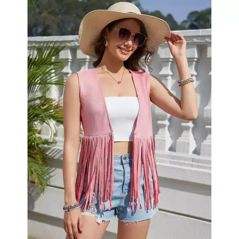 Coolmee Women's Casual Simple Vests Fashion Fringe Cardigans Tassel Sleeveless Open Front Jackets Western Faux Suede Leather Jackets M Pink