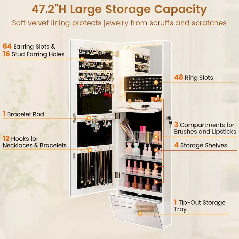 Wall-Mounted Jewelry Cabinet Armoire &ndash; White, Full-Length Mirror, LED Lighting, Flip-Down Vanity, Lockable