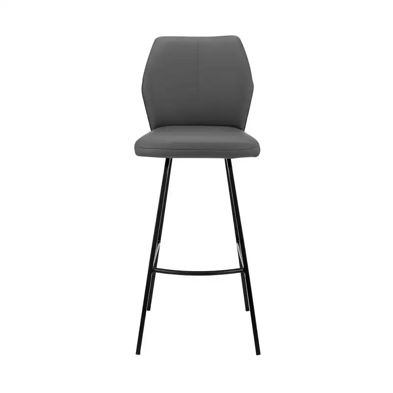 Counter Height Bar Stool, Faux Leather High Back, Iron Frame, Fixed 26" Seat Height, 250 lb Capacity, Gray/Black