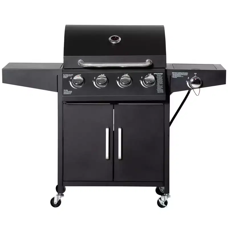 Outsunny 4 Burner Propane Gas Grill with Side Burner, 50,000 BTU Steel Outdoor Barbecue, Wheels, Warming Rack, Shelf, Cabinet, Thermometer