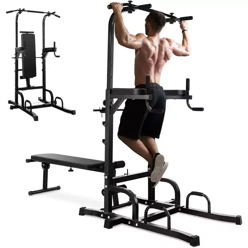 Costway Adjustable Power Tower Pull Up Bar Stand Dip Station Equipment with Bench Home Gym