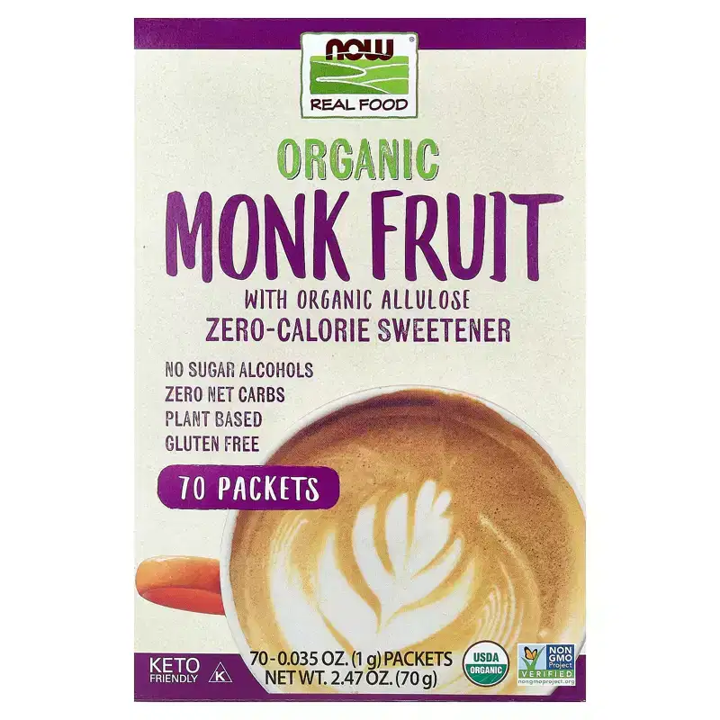 NOW Foods Organic Monk Fruit, Zero-Calorie Sweetener, 70 Packets, 0.035 oz (1 g) Each